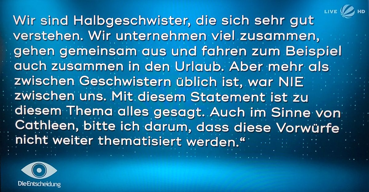 "Big Brother": Erklärung in der Live-Show zu Inzest-Vorwürfen