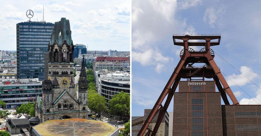 Die Berliner Gedächtniskirche auf dem Breitscheidplatz und der Förderturm der Zeche Zollverein.