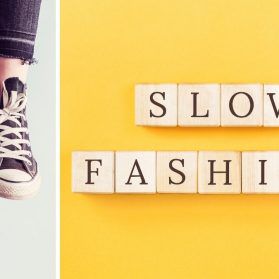 Bildkombi aus Sneakern und Slow Fashion Schriftzug