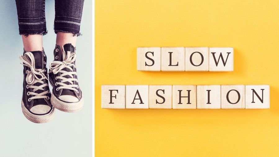 Bildkombi aus Sneakern und Slow Fashion Schriftzug