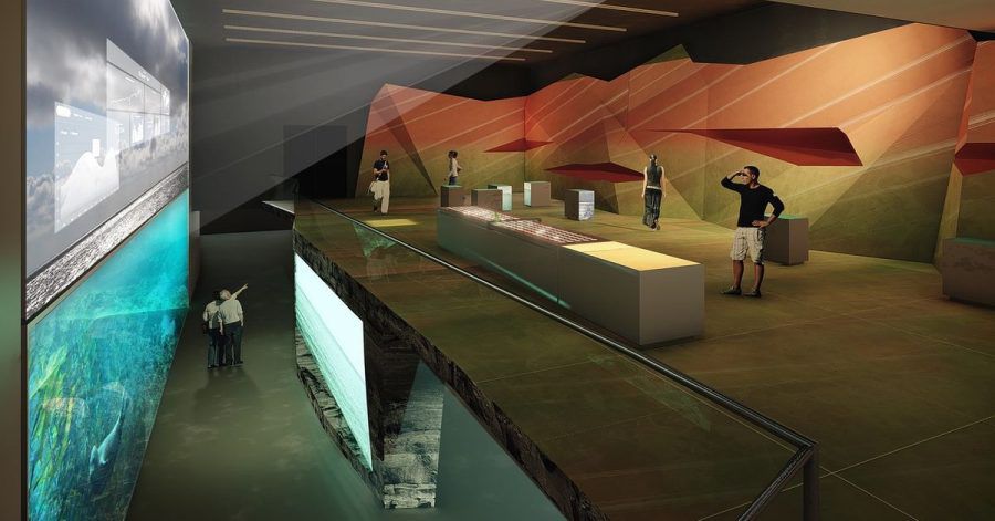 Die Visualisierung zeigt einen Raum der geplanten Erlebnis-Ausstellung Bluehouse auf der Hochseeinsel Helgoland.