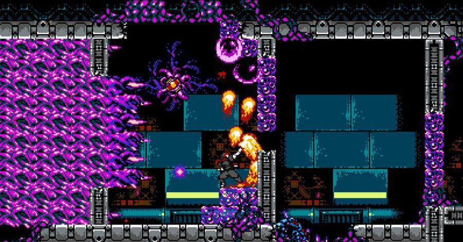 Pixelige Flammen und Tentakel machen Spielerinnen udn Spielern von «Cyber Shadow» das Leben schwer.