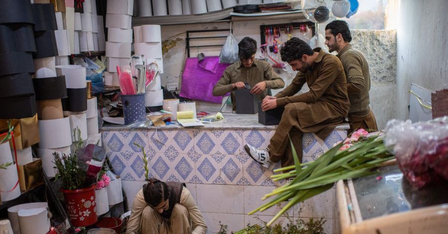 Junge Männer in Islamabad bereiten Blumengeschenke für den Valentinstag vor.