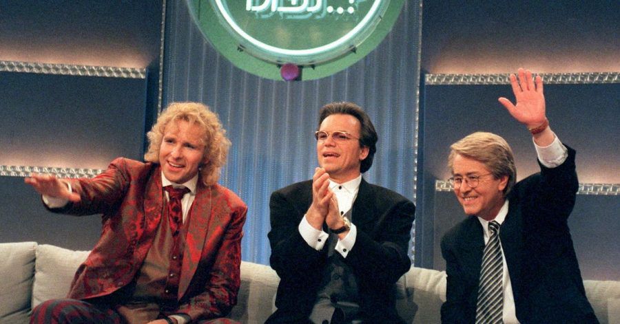 Thomas Gottschalk (l-r), Wolfgang Lippert und Frank Elstner bei der 100. «Wetten, dass..?»-Sendung.
