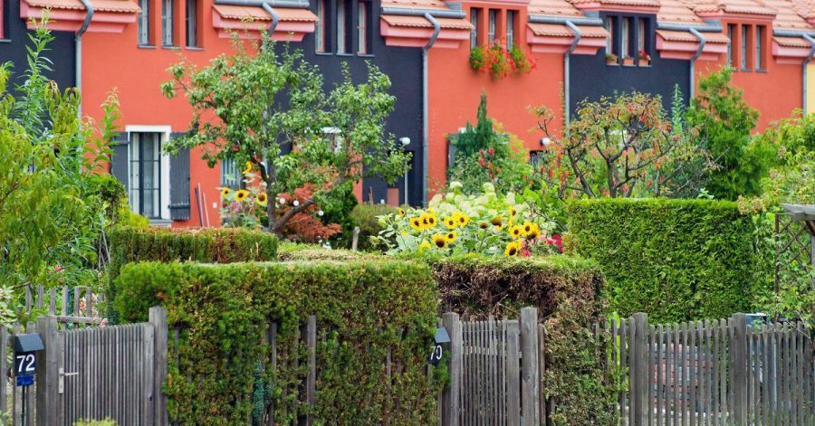 Freundlicher Eindruck dank Sonnenblumen: Auch bei Reihenhäusern können Bewohner ihren Vorgarten individuell gestalten.