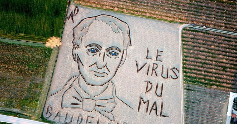 Der italienische Land-Art-Künstler Dario Gambarin hat im Jahr des 200. Geburtstags des französischen Dichters Charles Baudelaire ein riesiges Abbild von diesem in einen Acker gefräst.