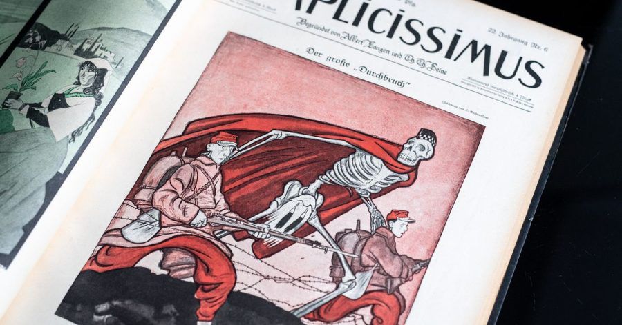 Karikatur von Olaf Gulbransson mit dem Titel „Der große Durchbruch“ im Mai 1917.
