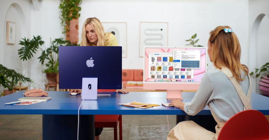 Vorne etwas blasser, hinten knallige Farbtöne. Wer mag, kann sich mit den neuen iMac-Modellen bunte Farben ins Büro holen.