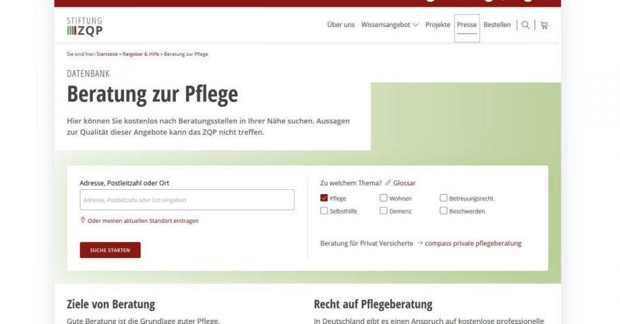 Die kostenlose Datenbank des ZQP hilft bei der Suche nach Pflegeberatungsstellen.