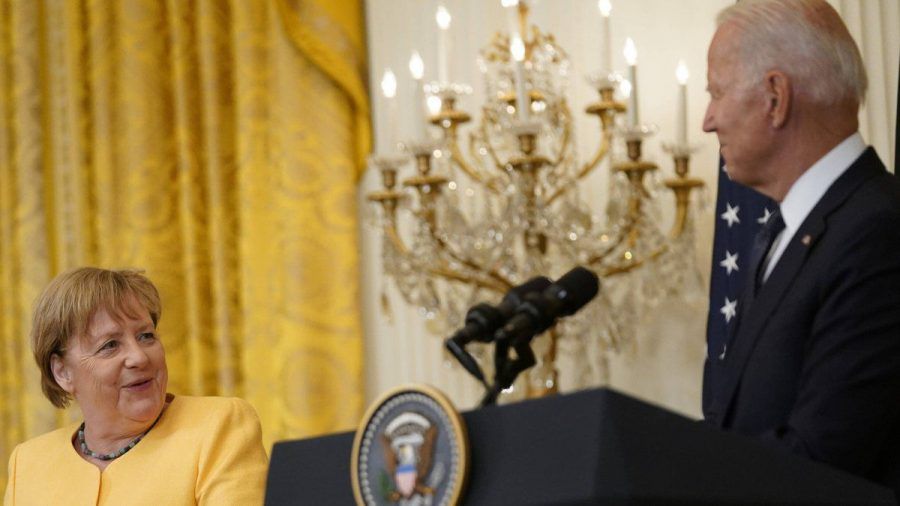 Angela Merkel und Joe Biden bei ihrer Pressekonferenz. (hub/spot)