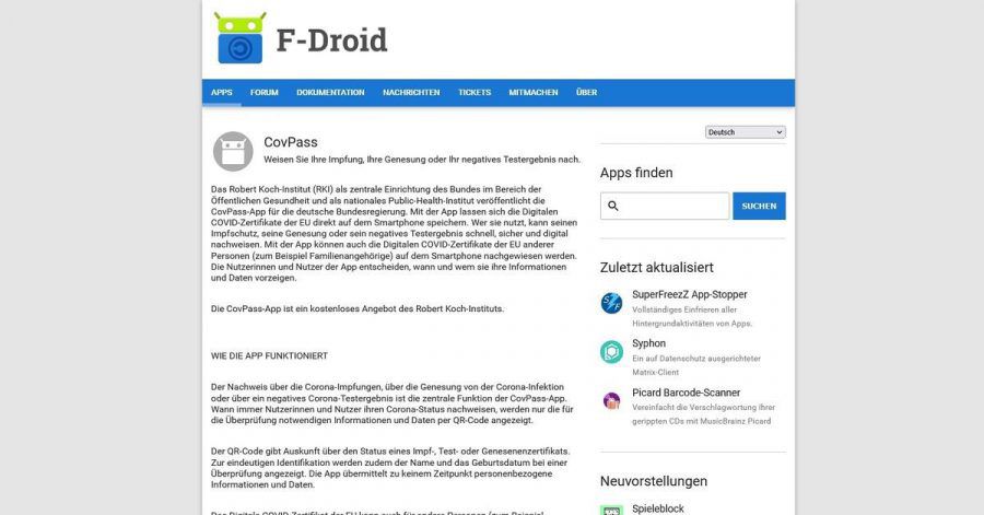Neu im Laden: Die Covpass gibt es nun auch als freie Software bei F-Droid.