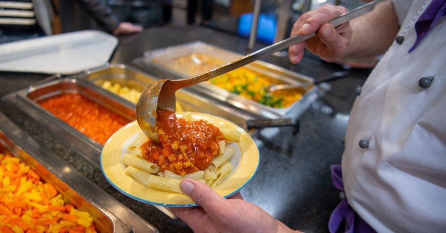 Ein Koch serviert in der veganen Mensa auf dem Campus der Technischen Universität in Berlin ein veganes Gericht.