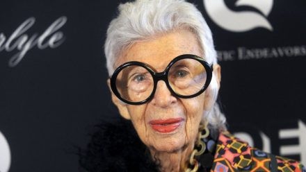 US designer and fashion icon Iris Apfel attends the presentation of Atelier Swarovski