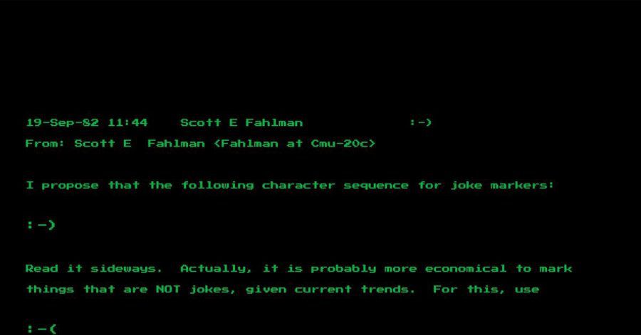 Eine Mail des Computerwissenschaftlers Scott Fahlman von der Universität Pittsburgh vom 19. September 1982 zeigt seinen Vorschlag der Zeichenkombination «:-)» .