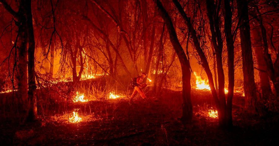 Ein Feuerwehrmann versucht, ein Feuer einzudämmen.