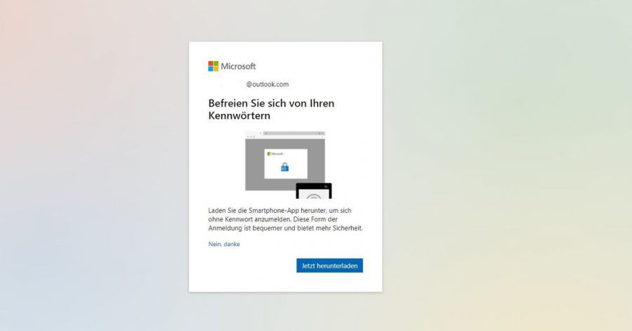 Microsoft wirbt mit einem Pop-up fürs kennwortlose Konto.