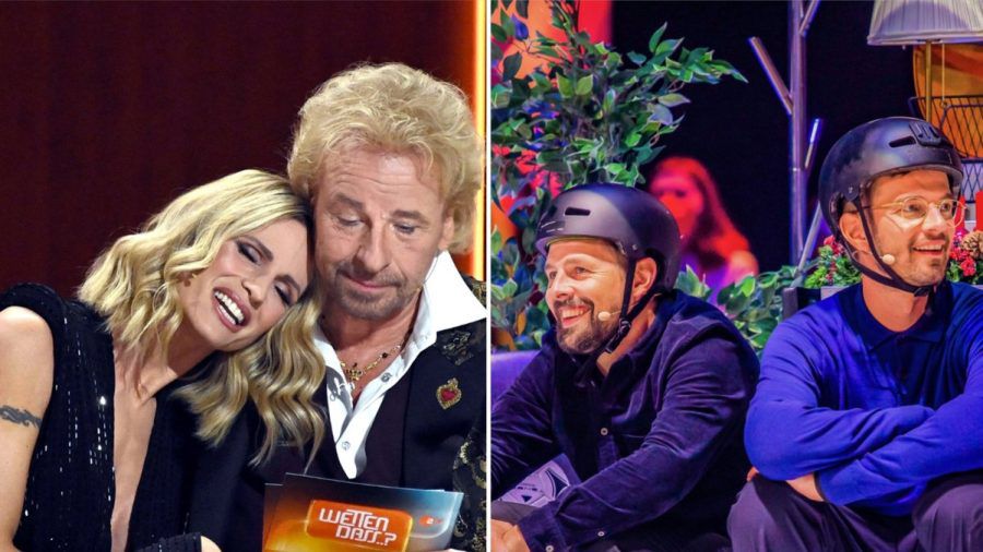 Zwei Duos, die 2021 Millionen von Menschen vor dem Fernseher versammelt haben: Michelle Hunziker und Thomas Gottschalk sowie Klaas Heufer-Umlauf und Joko Winterscheid (v.li. n. re.) (jru/spot)