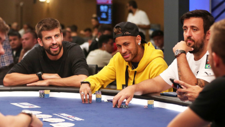 Neymar and Gerard Pique in the Pokerstars poker tournament at the Casino de Barcelona, 2018.