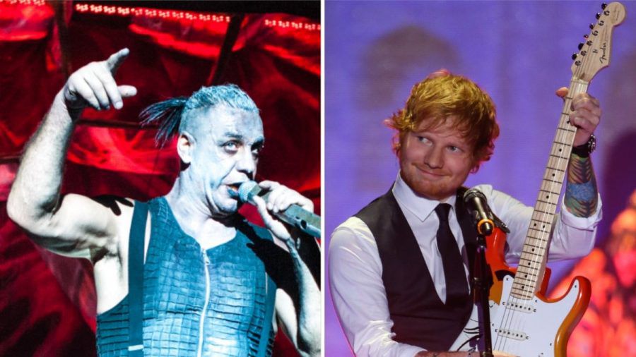 Rammstein mit Frontsänger Till Lindemann (li.) und Ed Sheeran spielen große Konzerte in Deutschland. (tae/spot)