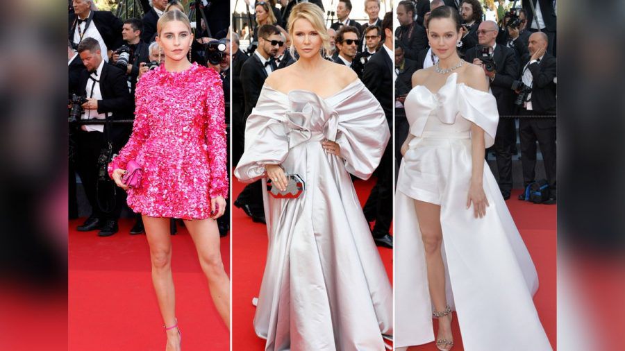Drei Wow-Looks in Cannes: Caro Daur, Veronica Ferres und Emilia Schüle (v.l.). (eee/spot)