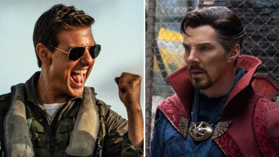 Maverick versus Marvel: Tom Cruise (li.) als Pete Mitchell in "Top Gun: Maverick" und Benedict Cumberbatch als Doctor Strange im gleichnamigen Comic-Blockbuster. (stk/spot)
