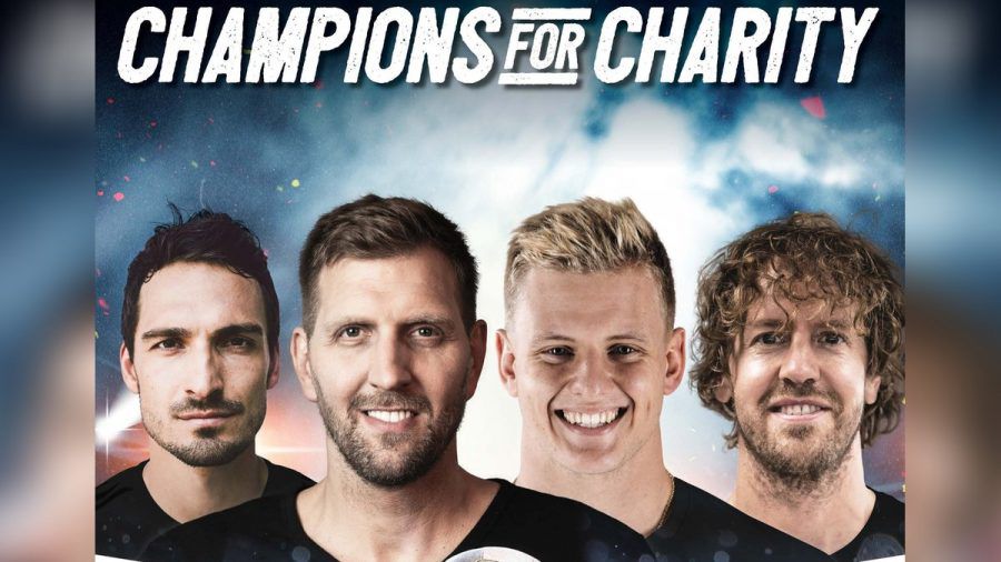 (v.l.n.r.): Mats Hummels, Dirk Nowitzki, Mick Schumacher und Sebastian Vettel sind nur vier der teilnehmenden Stars bei "Champions for Charity 2022". (stk/spot)