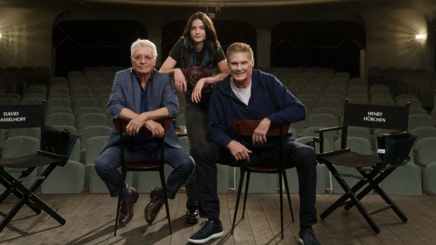 Die "Ze Network"-Stars (v.l.): Henry Hübchen, Lisa Marie Koroll und David Hasselhoff. (hub/spot)