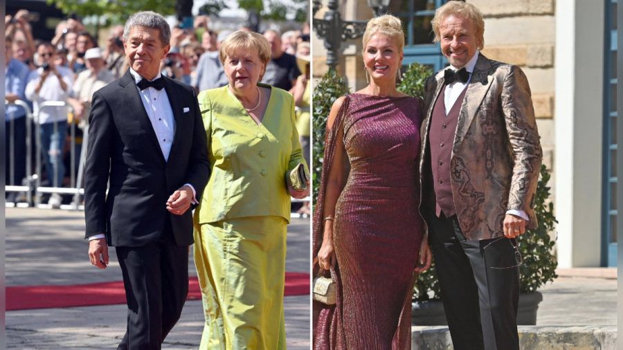 Angela Merkel mit ihrem Ehemann Joachim Sauer sowie Karina Mroß mit Entertainer Thomas Gottschalk (v.l.) bei den Bayreuther Festspielen. (eee/spot)