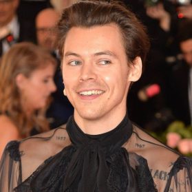 Harry Styles zeigt seine Tattoos im transparentem Oberteil.