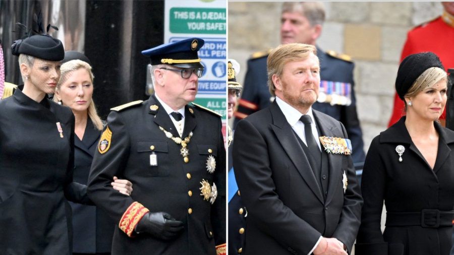 Fürstin Charlène von Monaco (l.) und Ehemann Fürst Albert II. während des Staatsbegräbnisses. Daneben König Willem-Alexander der Niederlande (l.) und Königin Máxima. (lau/spot)