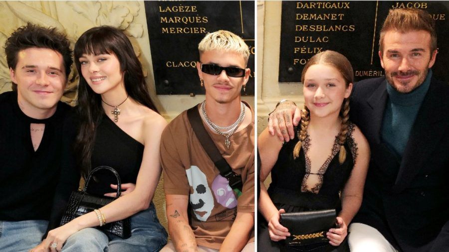 Unterstützung aus der ersten Reihe: Brooklyn, Nicola, Romeo, Harper und David Beckham (v.li.) bei der Fashion-Show in Paris. (tae/spot)