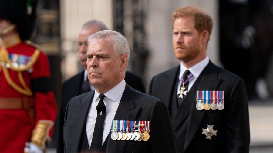 Prinz Andrew (li.) und Prinz Harry auf der Beerdigung der Queen. (mia/spot)