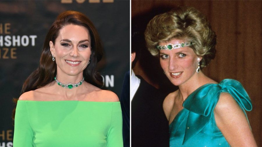 Prinzessin Kate trug die grüne Kette bei den Earthshot Prize Awards am Freitag in Boston - Prinzessin Diana beim Galadinner 1985 in Australien. (ili/spot)
