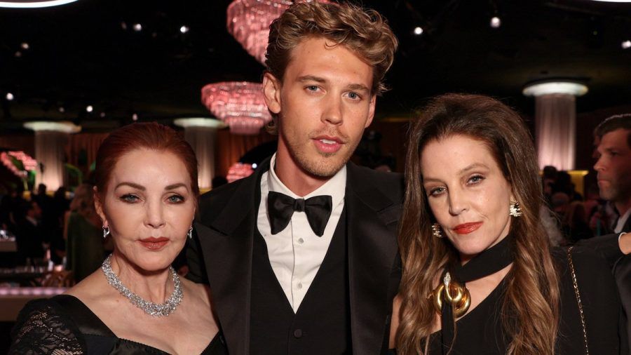 Priscilla Presley, Austin Butler und Lisa Marie Presley (v.l.) bei den Golden Globe Awards am Dienstag. (wue/spot)