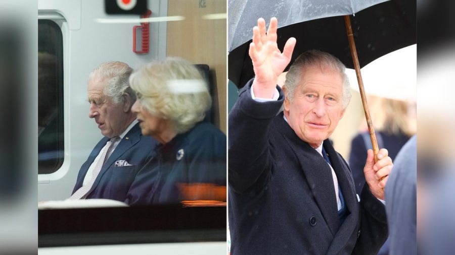König Charles und Camilla haben es sich im ICE gemütlich gemacht. Bei der Ankunft in Hamburg war dann der Regenschirm gefragt. (hub/spot)