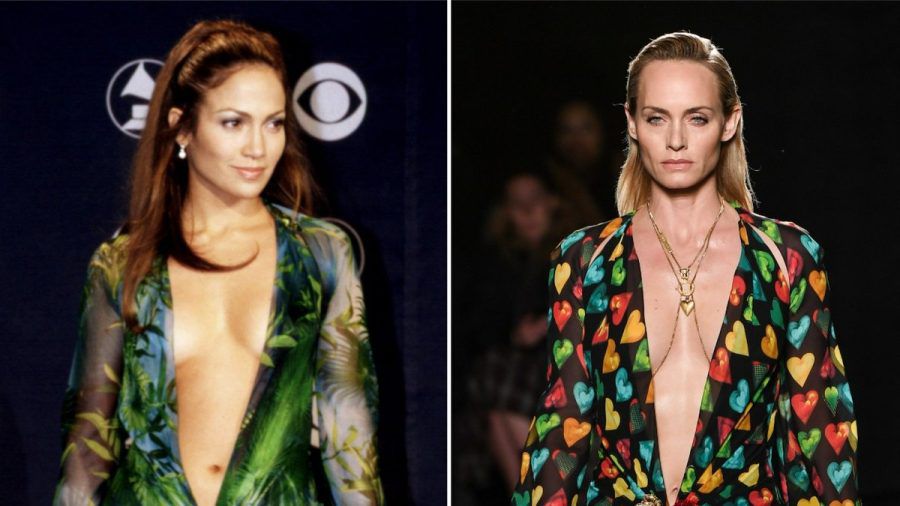 Jennifer Lopez (l.) im Versace-Kleid bei den Grammys 2000 und Amber Valletta (r.) in einer Variation des Versace-Kleides bei einer Fashionshow im Jahr 2019. (ili/spot)