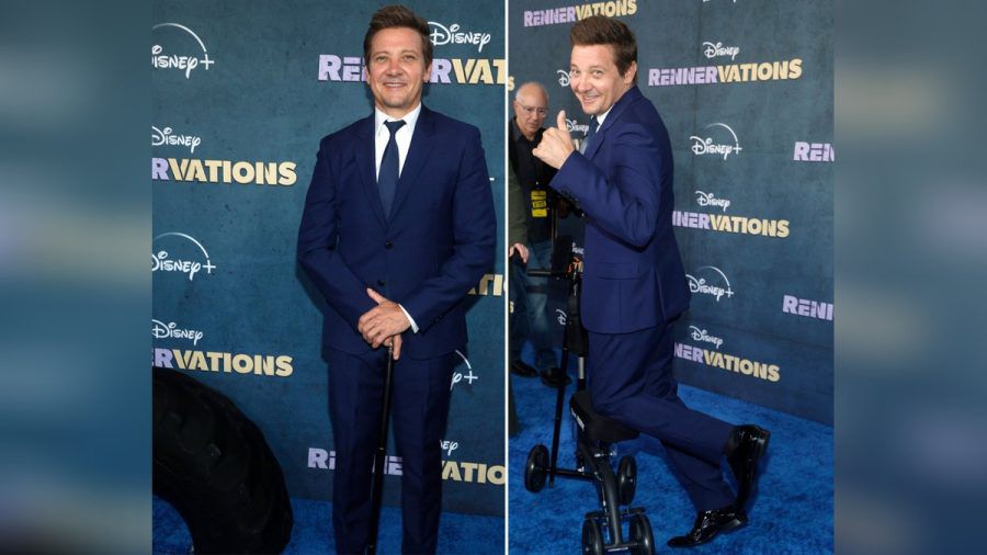 Zunächst mit Stock und später mit einem kleinen Scooter posierte Jeremy Renner für die Fotografen. (stk/spot)