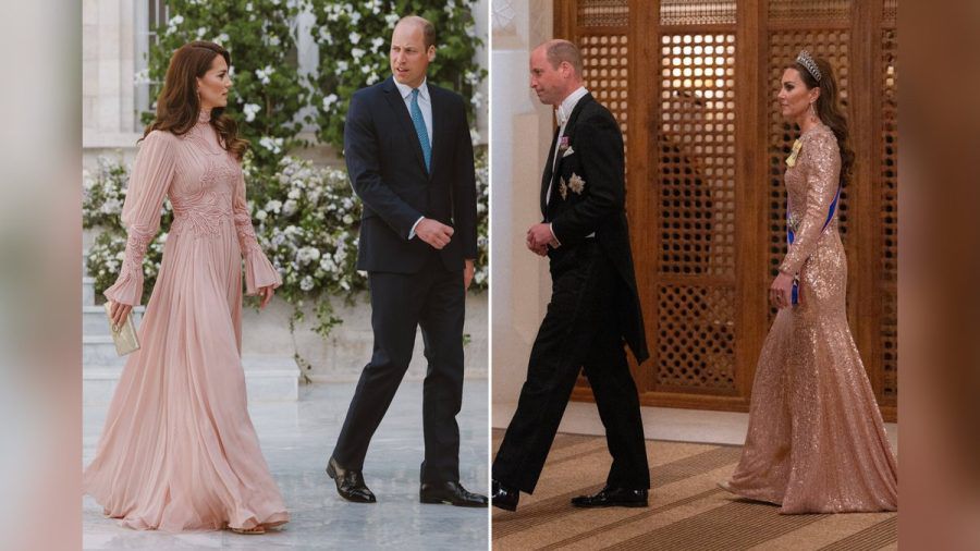 Zwei Wow-Auftritte legte das britische Thronfolgerpaar in Jordanien hin: Zur Hochzeitszeremonie trug Prinzessin Kate ein hochgeschlossenes Kleid, zum Staatsbankett erschien sie in einem Paillettenkleid mit Tiara. (ae/spot)