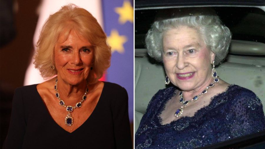 Königin Camilla (li.) trug in Versailles Schmuck von Queen Elizabeth II. (jom/spot)