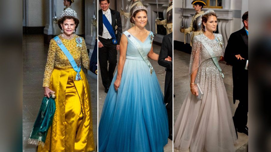 Mehr Glamour geht kaum: Königin Silvia (li.) und ihre beiden Töchter Victoria und Madeleine (re.) beim Bankett. (eee/spot)