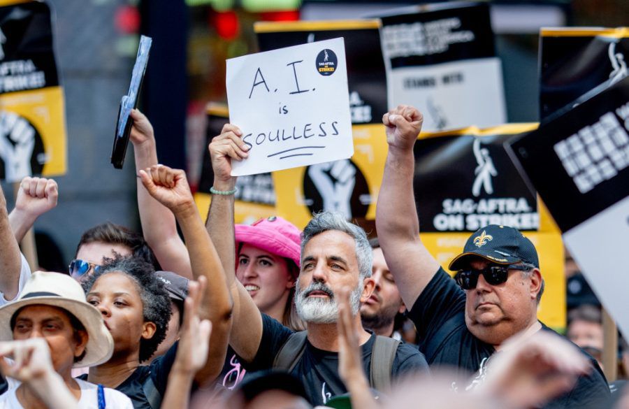 Hollywood writers Strike AI sign Times Square July 2023 - Getty BangShowbiz