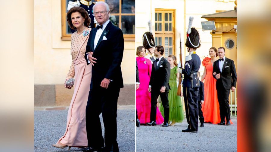 Das Königspaar und seine Dinner-Gesellschaft - unter anderem Prinzessin Sofia in Pink, Prinzessin Estelle in Moosgrün und Kronprinzessin Victoria in Orange - am Vorabend des Thonjubiläums. (ili/spot)