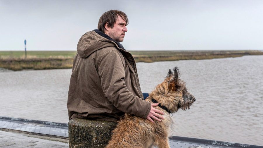 "Sörensen hat Angst": Sörensen (Bjarne Mädel) mit Hund Cord vor dem nordfriesischen Wattenmeer. (cg/spot)