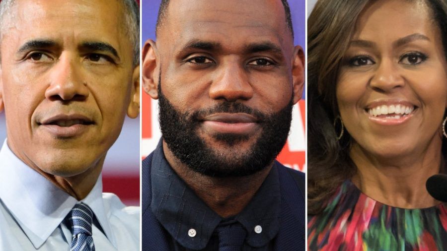 Barack und Michelle Obama sollen gemeinsam mit NBA-Star LeBron James (mi.) ein Serienprojekt planen. (lau/spot)