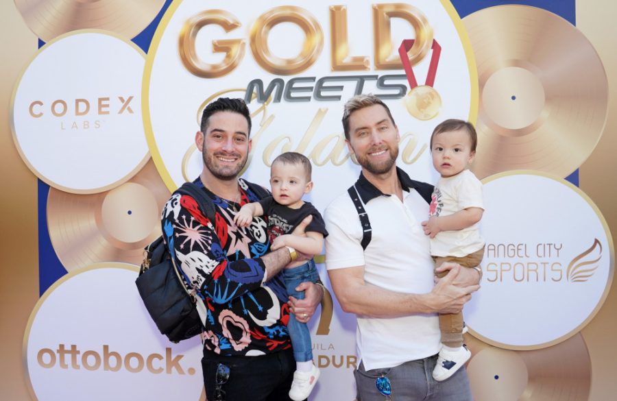 Michael Turchin (L) and Lance Bass (R) with their kids - Feb 23 - Gold Meets Golden - CA - Getty BangShowbiz
