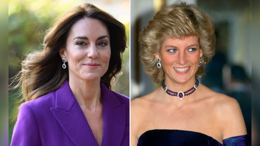 Zwei Prinzessinnen, ein paar Saphir-Ohrringe: Prinzessin Kate am Mittwoch in London und Diana 1987 in München. (ncz/spot)
