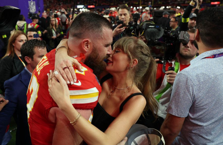 Taylor Swift and Travis Kelce at the Super Bowl Feb 2023 Getty BangShowbiz