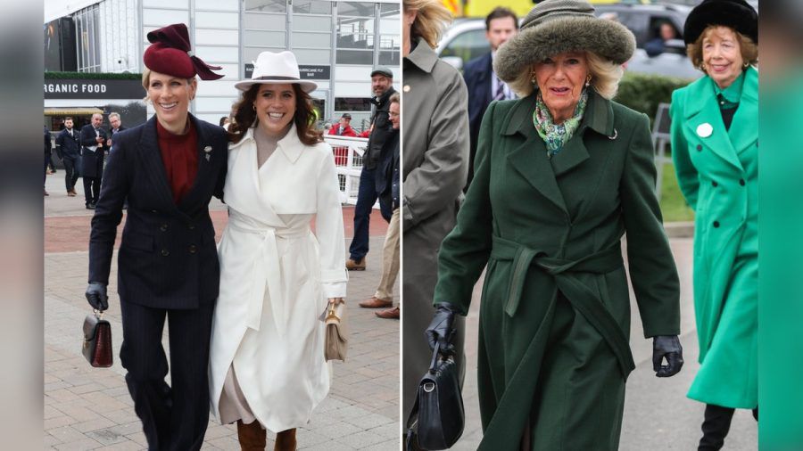 Zara Tindall (l.), Prinzessin Eugenie und Königin Camilla beim Pferderennen in Cheltenham. (mia/spot)