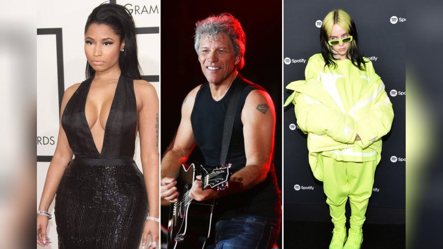 Unter anderem Nicki Minaj (l.), Jon Bon Jovi und Billie Eilish sehen den Einsatz von Künstlicher Intelligenz in der Musikbranche kritisch. (mia/spot)