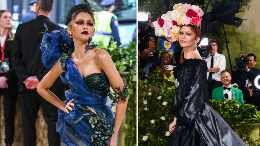 Zendaya zeigte sich erst als eine Art Pfau (l.), und schritt später noch mit einem großen Blumenhut über die Treppenstufen. (ae/spot)